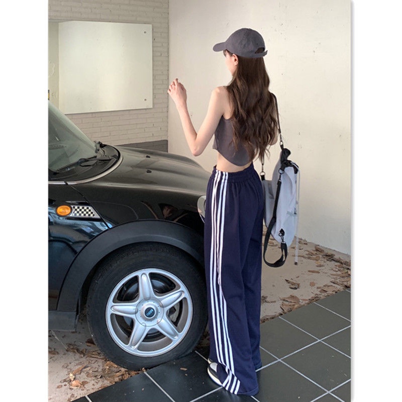 Jiashucheng Quần Dài Ống Rộng Thẳng Họa Tiết Kẻ Sọc Thời Trang Đường Phố Mùa Hè Kiểu Mỹ Mới Dành Cho Bạn Nữ