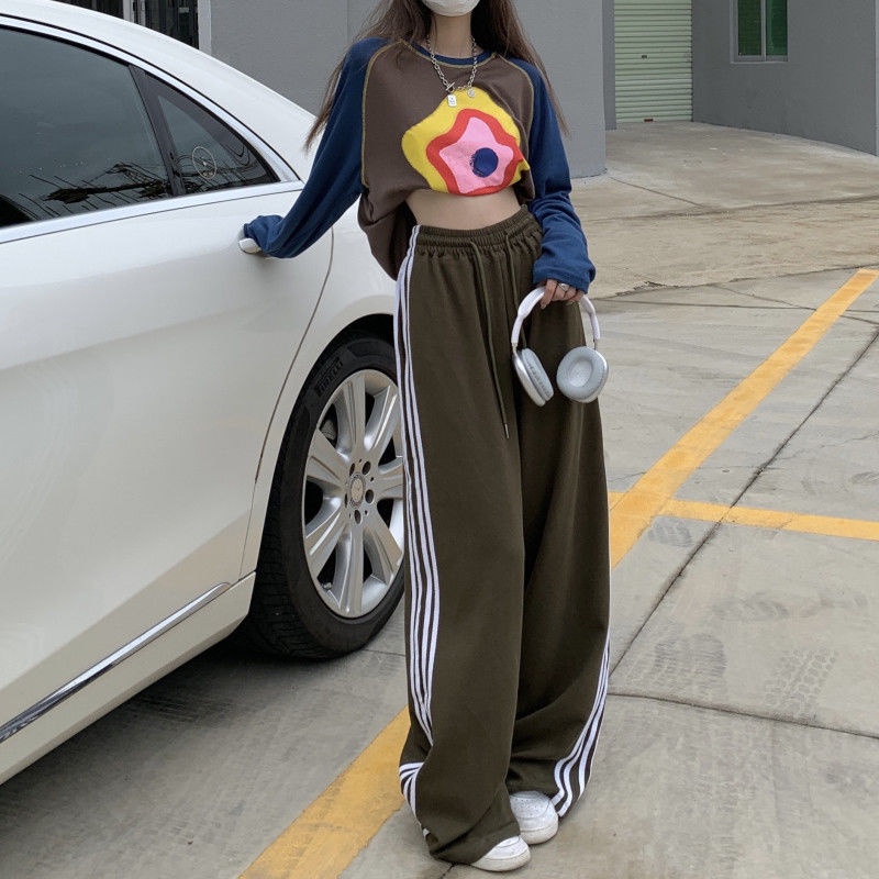 Jiashucheng Quần Dài Ống Rộng Thẳng Họa Tiết Kẻ Sọc Thời Trang Đường Phố Mùa Hè Kiểu Mỹ Mới Dành Cho Bạn Nữ