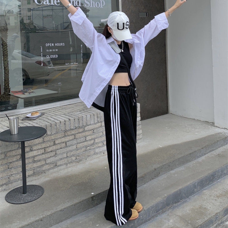 Jiashucheng Quần Dài Ống Rộng Thẳng Họa Tiết Kẻ Sọc Thời Trang Đường Phố Mùa Hè Kiểu Mỹ Mới Dành Cho Bạn Nữ
