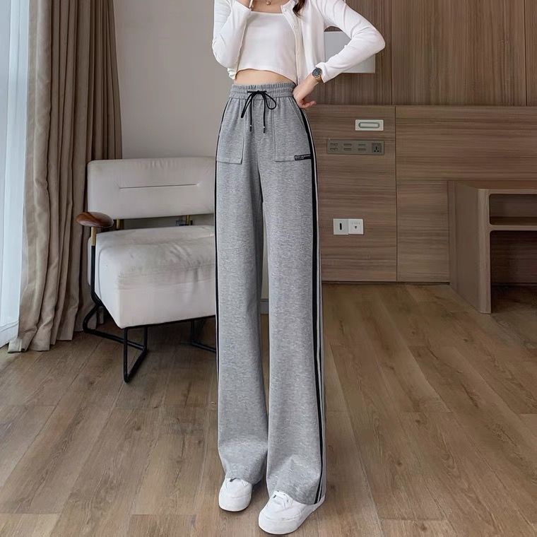 Jiashucheng Quần Thể Thao Ống Rộng Cạp Cao Kẻ Sọc Bên Hông Dừng Mồ Hôi Phong Cách Mới Mùa Hè Cho Nữ