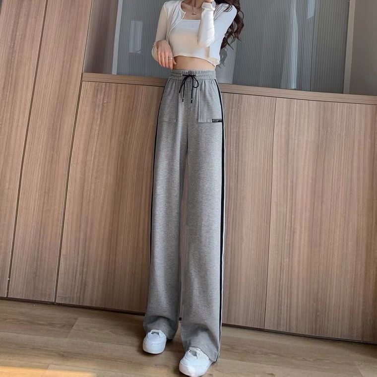 Jiashucheng Quần Thể Thao Ống Rộng Cạp Cao Kẻ Sọc Bên Hông Dừng Mồ Hôi Phong Cách Mới Mùa Hè Cho Nữ