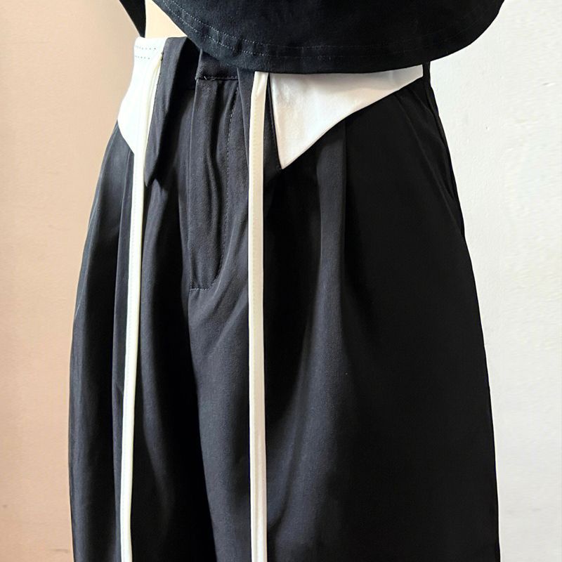 Jiashucheng Quần Dài Ống Rộng Lưng Cao Cột Dây Màu Đen Phong Cách Hàn Quốc Thời Trang Xuân Thu Cho Nữ