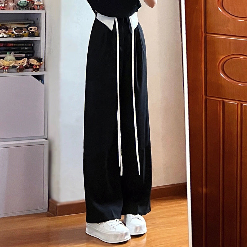 Jiashucheng Quần Dài Ống Rộng Lưng Cao Cột Dây Màu Đen Phong Cách Hàn Quốc Thời Trang Xuân Thu Cho Nữ