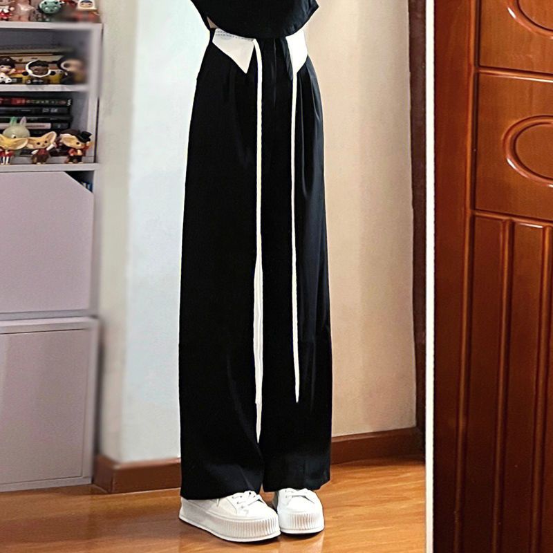 Jiashucheng Quần Dài Ống Rộng Lưng Cao Cột Dây Màu Đen Phong Cách Hàn Quốc Thời Trang Xuân Thu Cho Nữ