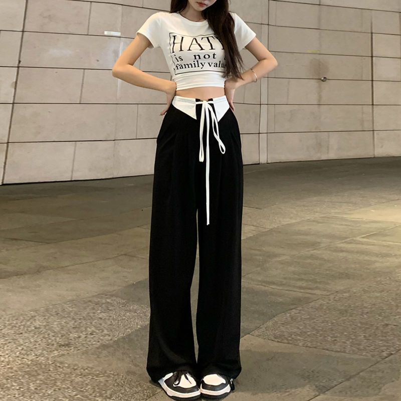 Jiashucheng Quần Dài Ống Rộng Lưng Cao Cột Dây Màu Đen Phong Cách Hàn Quốc Thời Trang Xuân Thu Cho Nữ