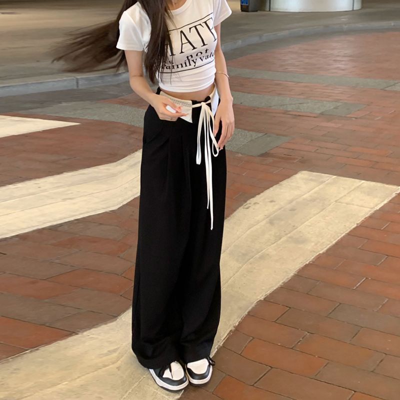 Jiashucheng Quần Dài Ống Rộng Lưng Cao Cột Dây Màu Đen Phong Cách Hàn Quốc Thời Trang Xuân Thu Cho Nữ