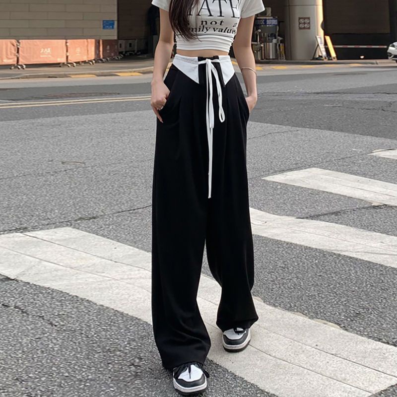 Jiashucheng Quần Dài Ống Rộng Lưng Cao Cột Dây Màu Đen Phong Cách Hàn Quốc Thời Trang Xuân Thu Cho Nữ