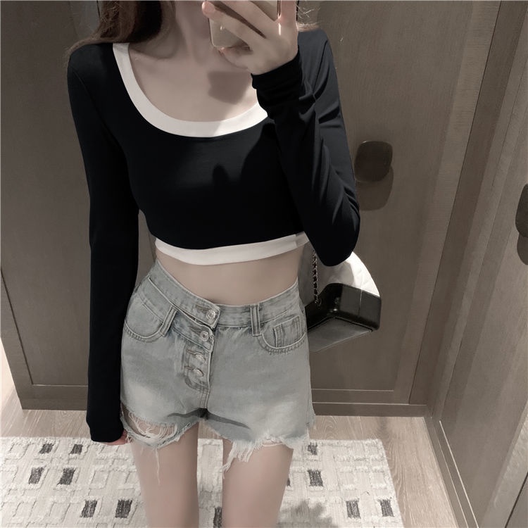 Áo Thun Lửng Tay Dài Dáng Ôm Phối Màu Sắc Tương Phản Thời Trang Quyến Rũ Cho Nữ