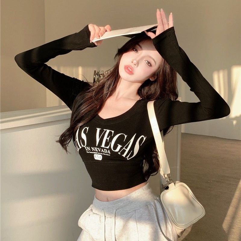 Jiashucheng Áo Thun Lửng Tay Dài Cổ V In Chữ Thời Trang Quyến Rũ Cho Nữ