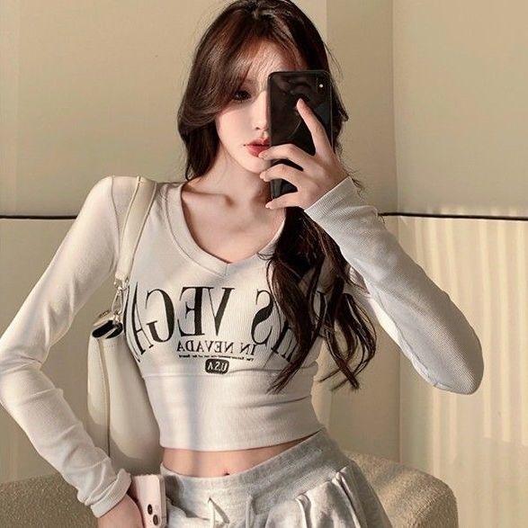 Jiashucheng Áo Thun Lửng Tay Dài Cổ V In Chữ Thời Trang Quyến Rũ Cho Nữ