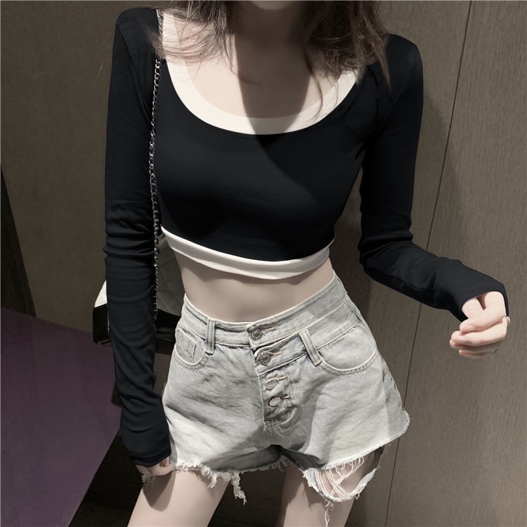 Áo Thun Lửng Tay Dài Dáng Ôm Phối Màu Sắc Tương Phản Thời Trang Quyến Rũ Cho Nữ