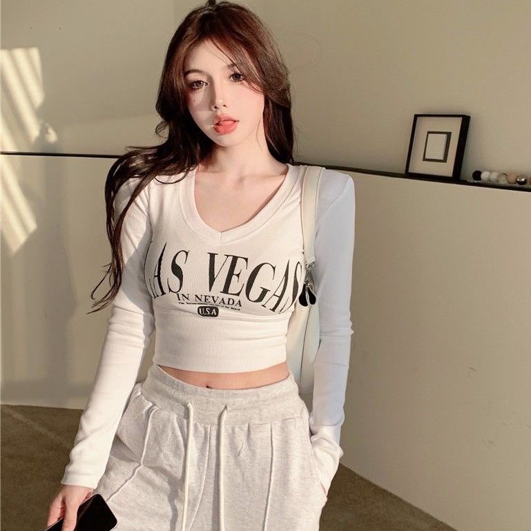 Jiashucheng Áo Thun Lửng Tay Dài Cổ V In Chữ Thời Trang Quyến Rũ Cho Nữ