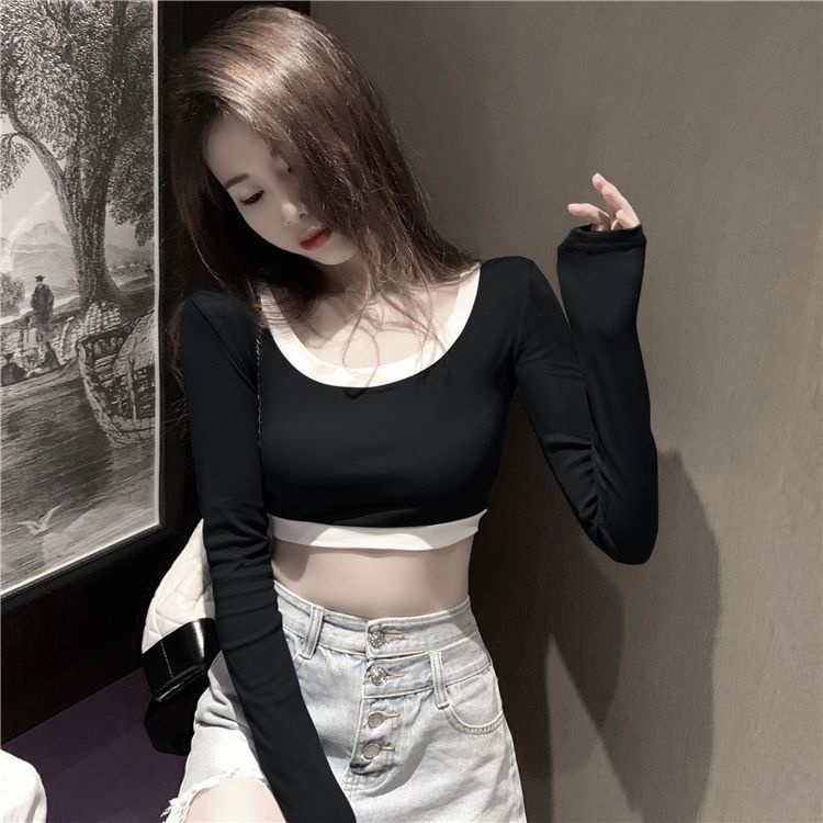 Áo Thun Lửng Tay Dài Dáng Ôm Phối Màu Sắc Tương Phản Thời Trang Quyến Rũ Cho Nữ