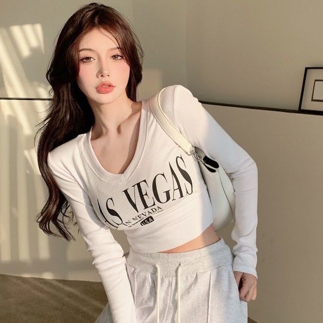 Jiashucheng Áo Thun Lửng Tay Dài Cổ V In Chữ Thời Trang Quyến Rũ Cho Nữ