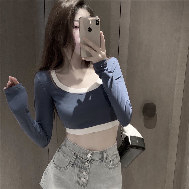 Áo Thun Lửng Tay Dài Dáng Ôm Phối Màu Sắc Tương Phản Thời Trang Quyến Rũ Cho Nữ