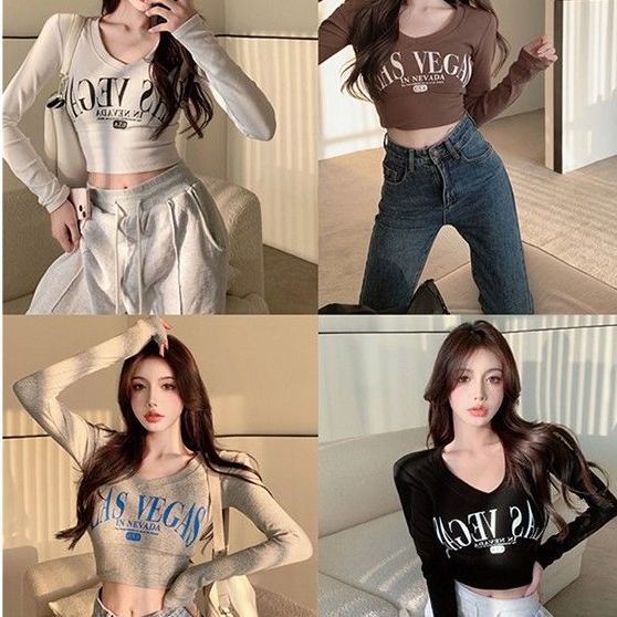 Jiashucheng Áo Thun Lửng Tay Dài Cổ V In Chữ Thời Trang Quyến Rũ Cho Nữ