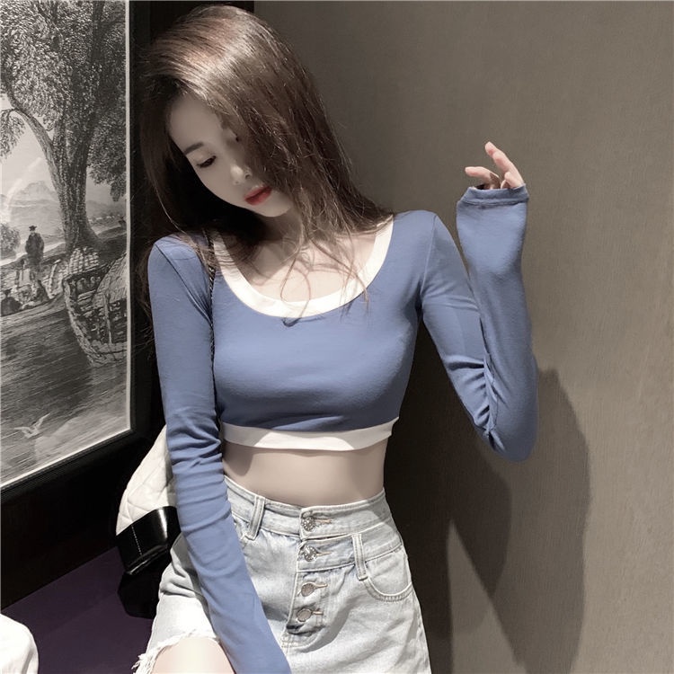 Áo Thun Lửng Tay Dài Dáng Ôm Phối Màu Sắc Tương Phản Thời Trang Quyến Rũ Cho Nữ