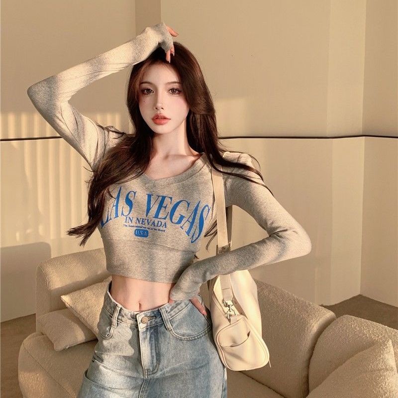 Jiashucheng Áo Thun Lửng Tay Dài Cổ V In Chữ Thời Trang Quyến Rũ Cho Nữ