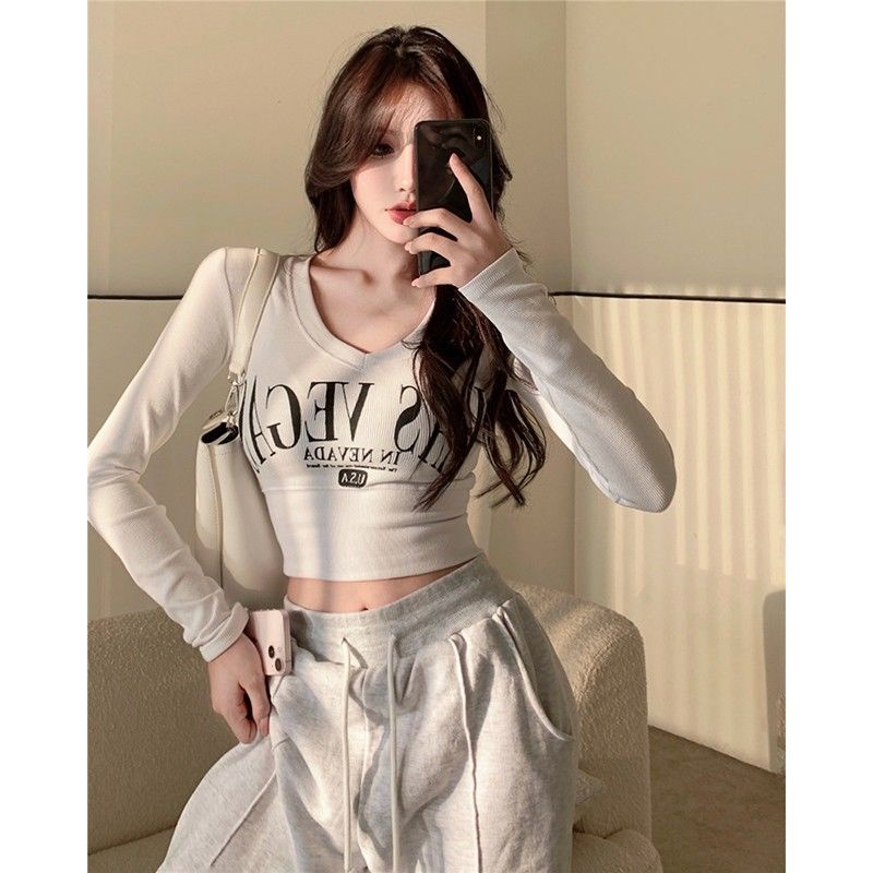 Jiashucheng Áo Thun Lửng Tay Dài Cổ V In Chữ Thời Trang Quyến Rũ Cho Nữ