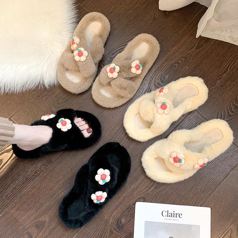 Dép Lông Quai Chéo Đế Bằng Chống Trượt Thời Trang Mùa Thu Cho Nữ