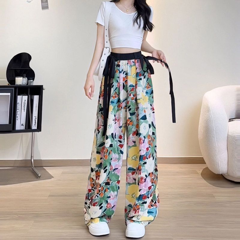 Jiashucheng Quần Dài Ống Rộng Dáng Suông Vải Lụa Lạnh Mỏng Họa Tiết Hoa Phong Cách Đồng Quê Thời Trang Mùa Hè Dành Cho Bạn Nữ