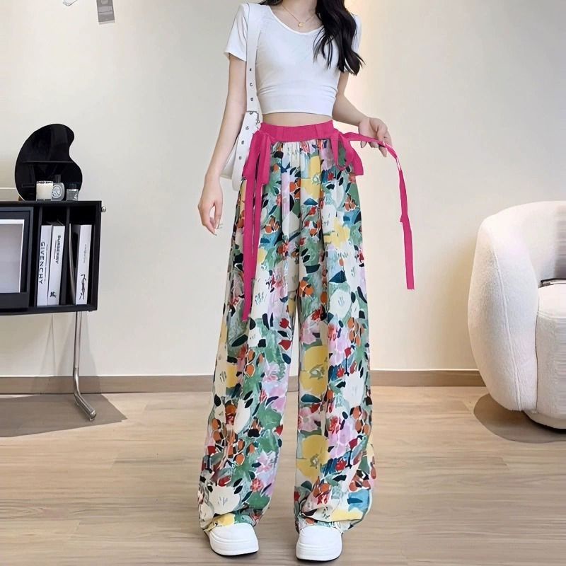 Jiashucheng Quần Dài Ống Rộng Dáng Suông Vải Lụa Lạnh Mỏng Họa Tiết Hoa Phong Cách Đồng Quê Thời Trang Mùa Hè Dành Cho Bạn Nữ