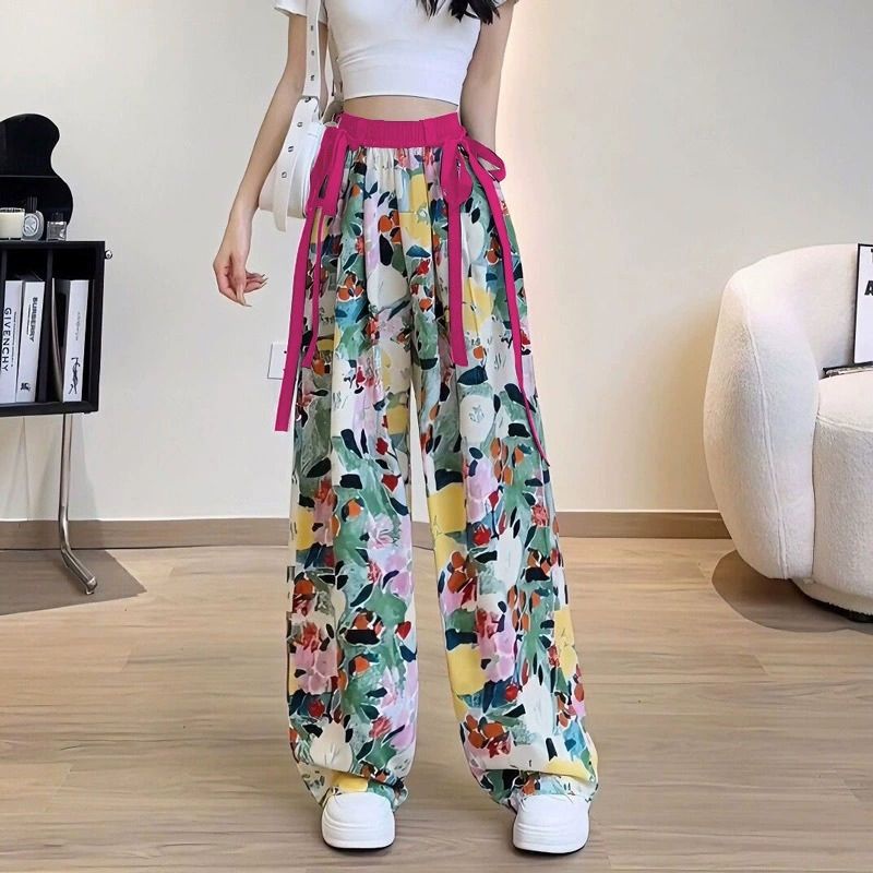 Jiashucheng Quần Dài Ống Rộng Dáng Suông Vải Lụa Lạnh Mỏng Họa Tiết Hoa Phong Cách Đồng Quê Thời Trang Mùa Hè Dành Cho Bạn Nữ