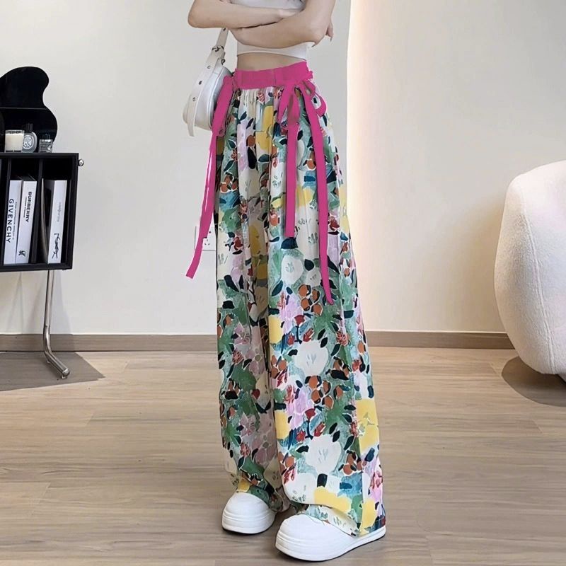 Jiashucheng Quần Dài Ống Rộng Dáng Suông Vải Lụa Lạnh Mỏng Họa Tiết Hoa Phong Cách Đồng Quê Thời Trang Mùa Hè Dành Cho Bạn Nữ