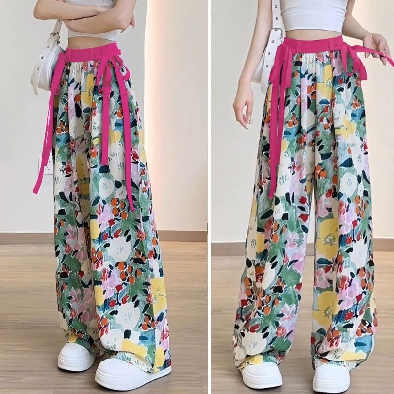 Jiashucheng Quần Dài Ống Rộng Dáng Suông Vải Lụa Lạnh Mỏng Họa Tiết Hoa Phong Cách Đồng Quê Thời Trang Mùa Hè Dành Cho Bạn Nữ