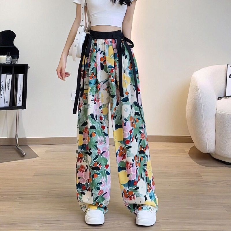 Jiashucheng Quần Dài Ống Rộng Dáng Suông Vải Lụa Lạnh Mỏng Họa Tiết Hoa Phong Cách Đồng Quê Thời Trang Mùa Hè Dành Cho Bạn Nữ