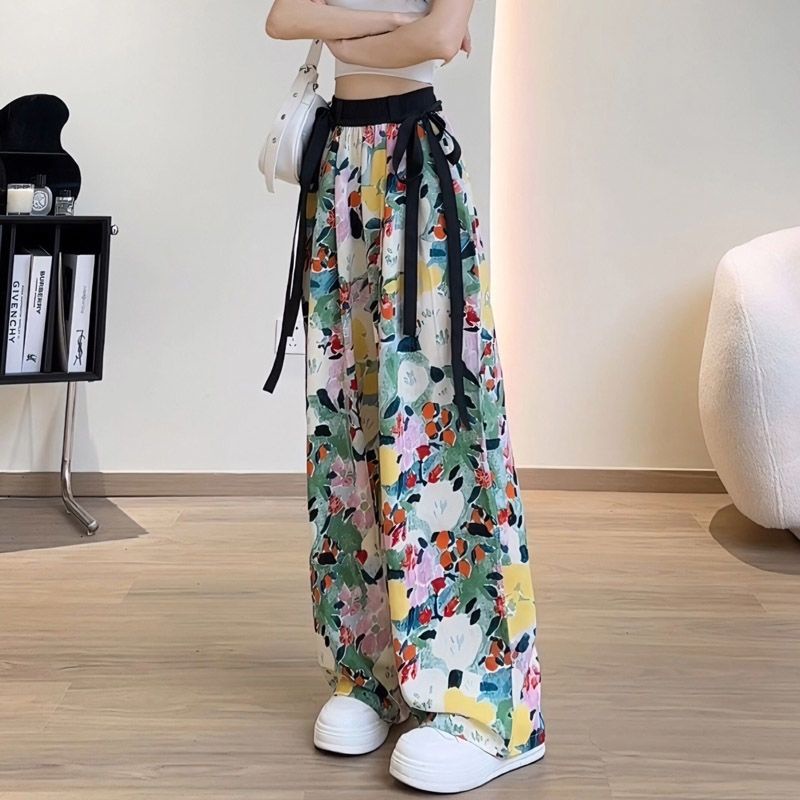 Jiashucheng Quần Dài Ống Rộng Dáng Suông Vải Lụa Lạnh Mỏng Họa Tiết Hoa Phong Cách Đồng Quê Thời Trang Mùa Hè Dành Cho Bạn Nữ