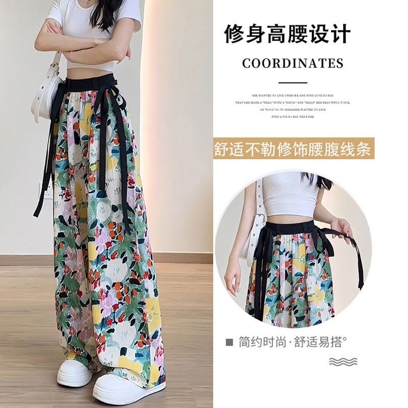 Jiashucheng Quần Dài Ống Rộng Dáng Suông Vải Lụa Lạnh Mỏng Họa Tiết Hoa Phong Cách Đồng Quê Thời Trang Mùa Hè Dành Cho Bạn Nữ