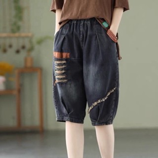 Quần jean ngố nữ rách đáp xanh,cam màu xanh đen đú size 90kg Mã JNR1