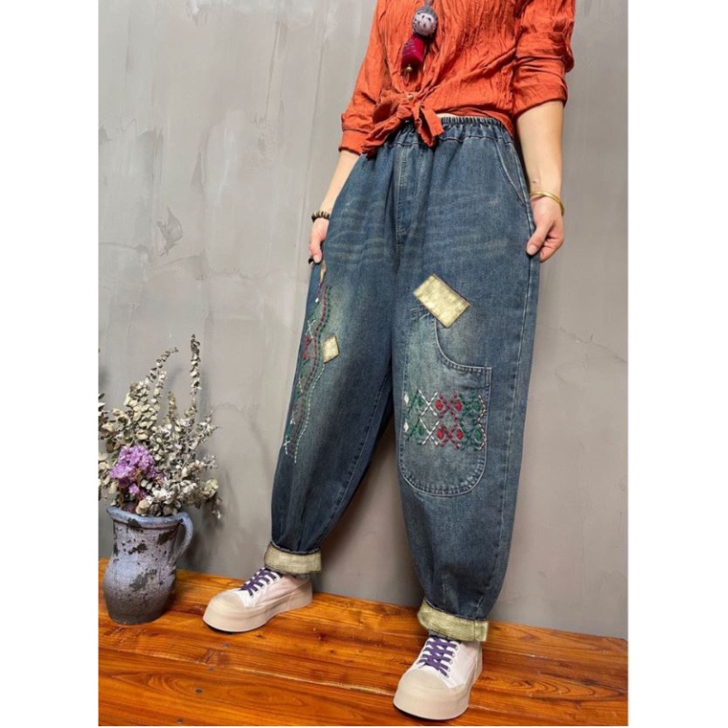 Quần jean nữ thêu hoa màu xanh đủ size đến 90kg Mã JT2