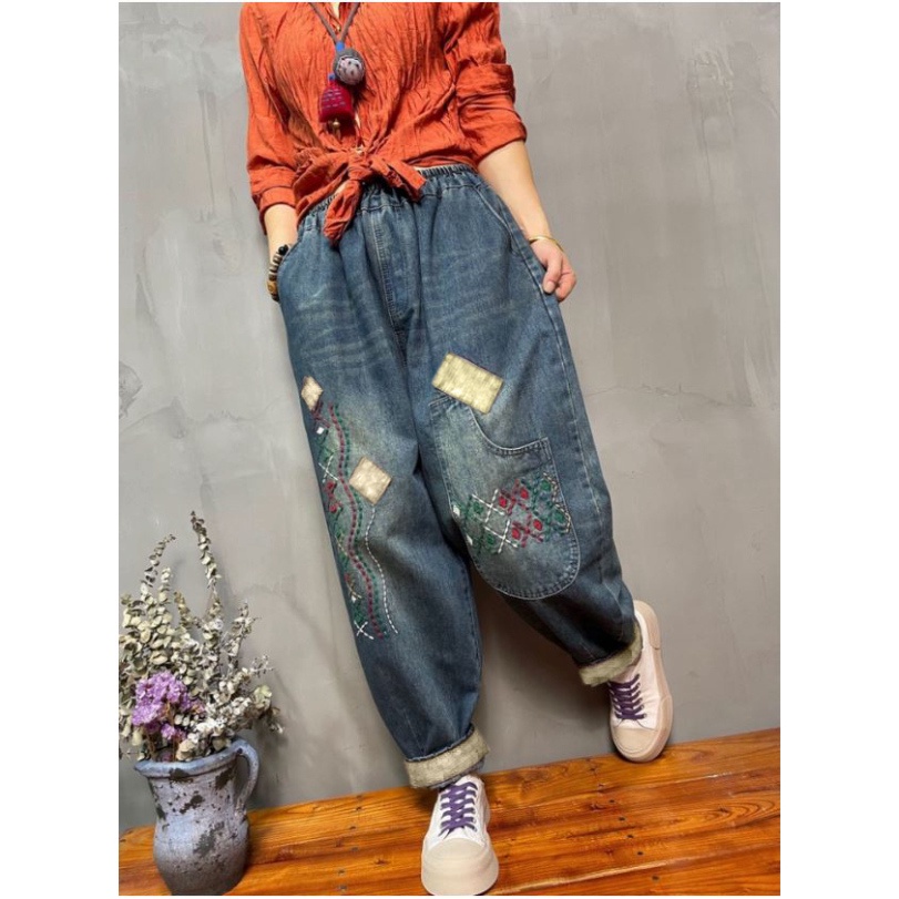 Quần jean nữ thêu hoa màu xanh đủ size đến 90kg Mã JT2