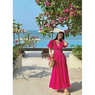 Hàng thiết kế_ Đầm maxi cổ tim tay bồng.