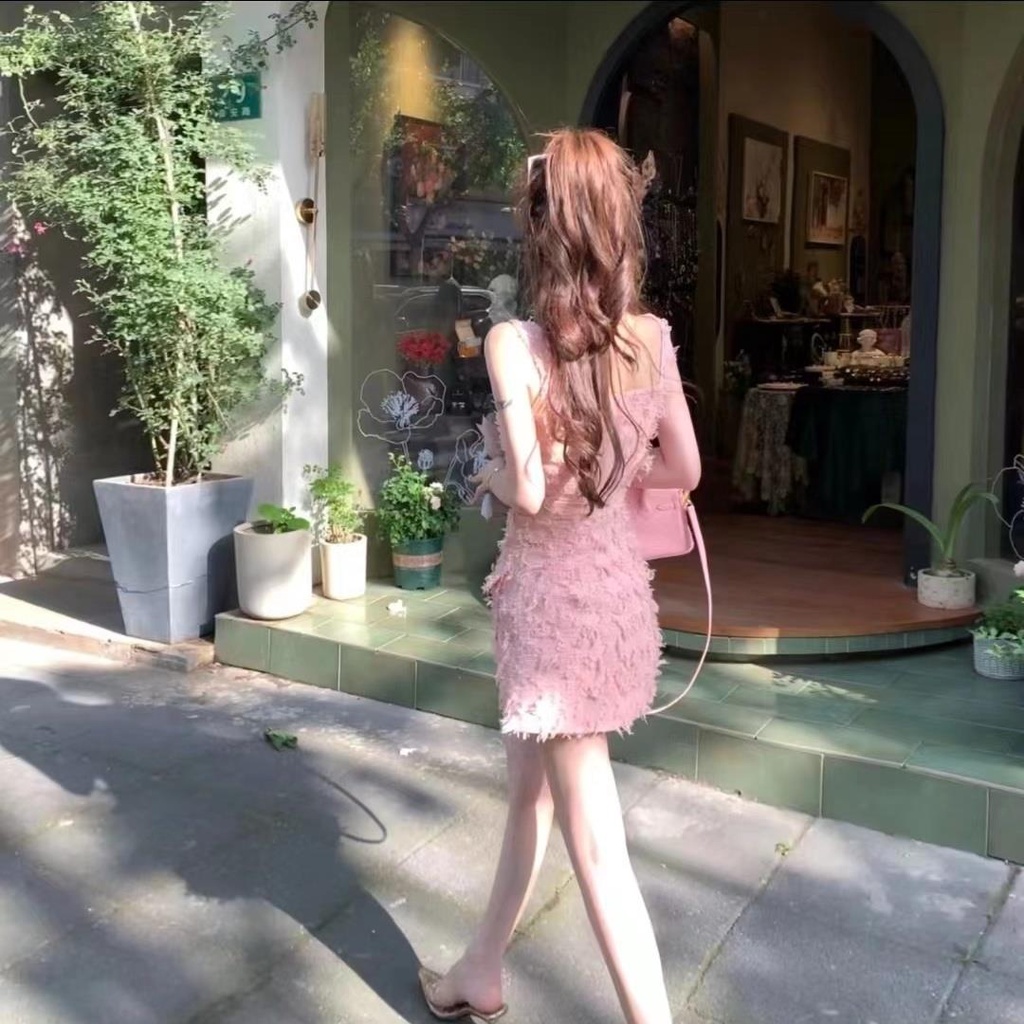 Yuexun Heavy Industry Brushed Tassel Sleeveless Slim Sling Dress, Pink