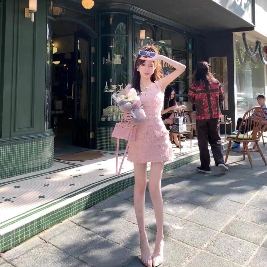 Yuexun Heavy Industry Brushed Tassel Sleeveless Slim Sling Dress, Pink