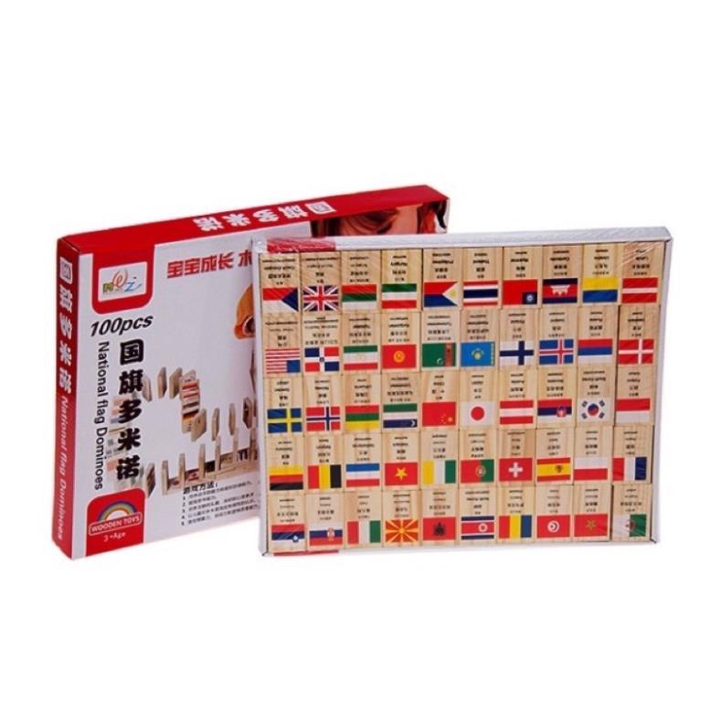 Cờ Domino 100 quân cờ bằng gỗ đồ chơi cờ gỗ hình các nước quốc gia trên thế giới
