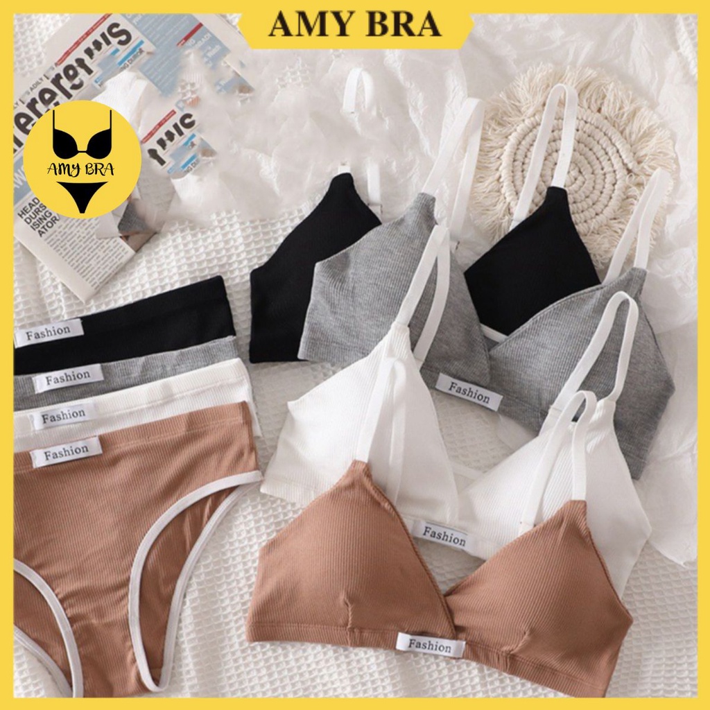 Bộ đồ lót nữ cotton cao cấp - Áo ngực không gọng đệm mỏng, Quần lót nữ cạp vừa đáy may AMYBRA A8814