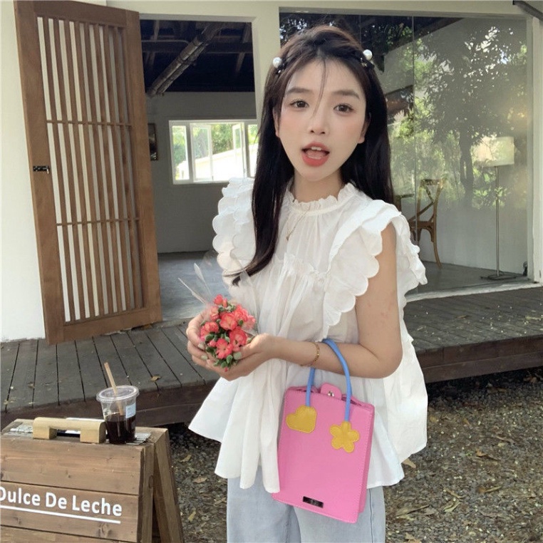 Áo Sơ Mi Trắng Dáng Rộng Xếp Ly Phối Bèo Dễ Thương Thời Trang Mùa Hè Cho Bạn Gái, Áo sơ mi tiểu thư sát nách | BigBuy360 - bigbuy360.vn