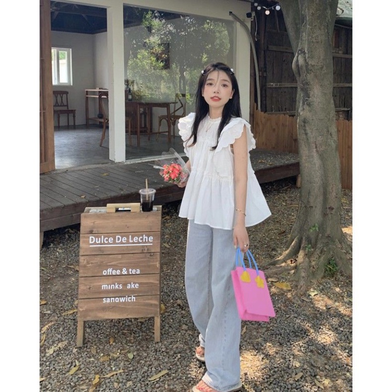 Áo Sơ Mi Trắng Dáng Rộng Xếp Ly Phối Bèo Dễ Thương Thời Trang Mùa Hè Cho Bạn Gái, Áo sơ mi tiểu thư sát nách | BigBuy360 - bigbuy360.vn