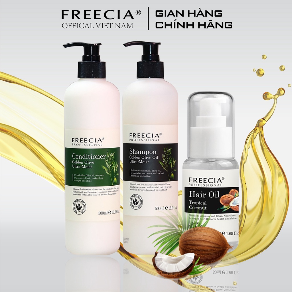 Combo Gội Xả dưỡng ẩm phục hồi tóc hư tổn FREECIA Golden Olive 500ml và Tinh Dầu FREECIA PROFESSIONAL Lưu Hương 48h