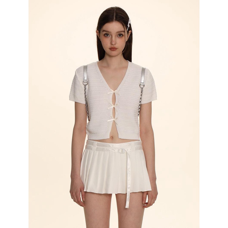 Áo Len Dệt Kim Ngắn Tay Cổ Chữ V Thắt Nơ Phong Cách bm Cho Nữ