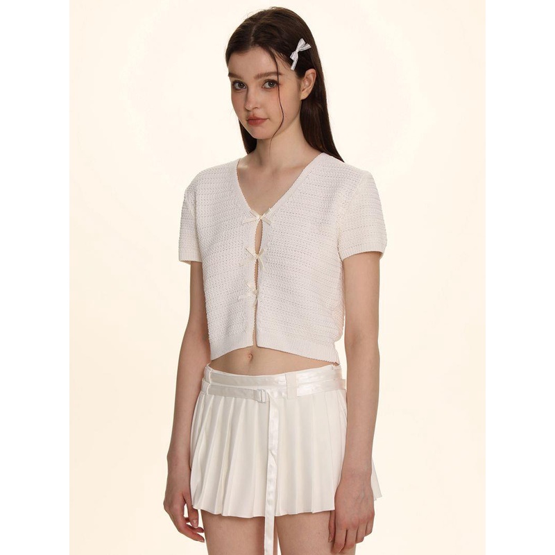 Áo Len Dệt Kim Ngắn Tay Cổ Chữ V Thắt Nơ Phong Cách bm Cho Nữ