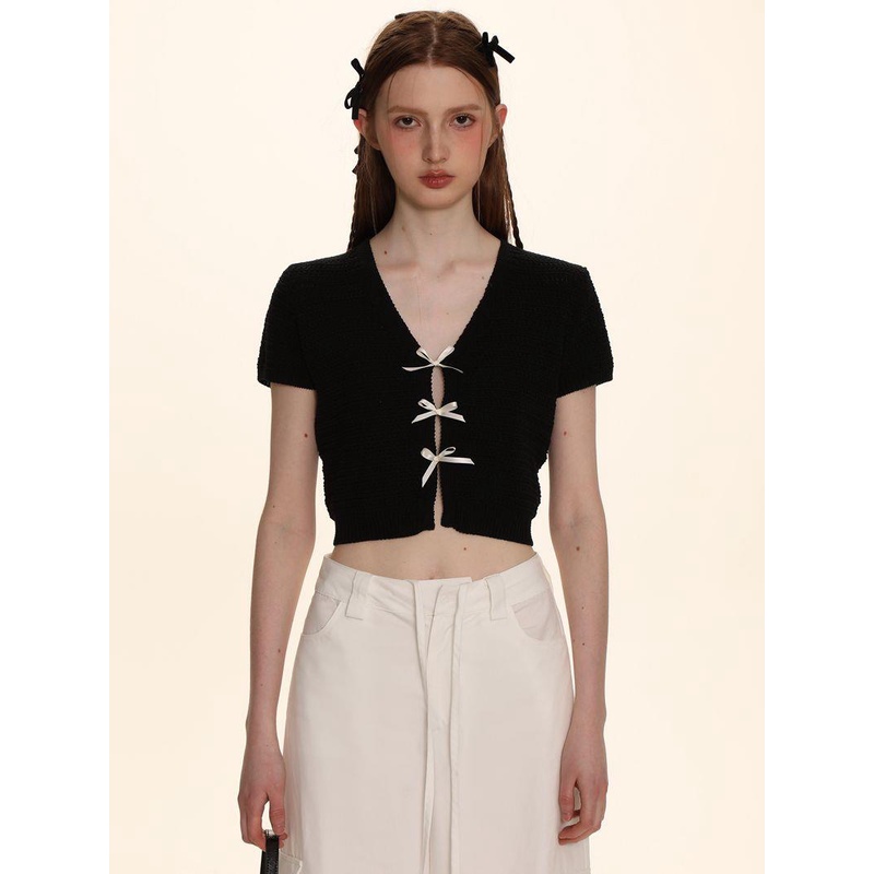 Áo Len Dệt Kim Ngắn Tay Cổ Chữ V Thắt Nơ Phong Cách bm Cho Nữ