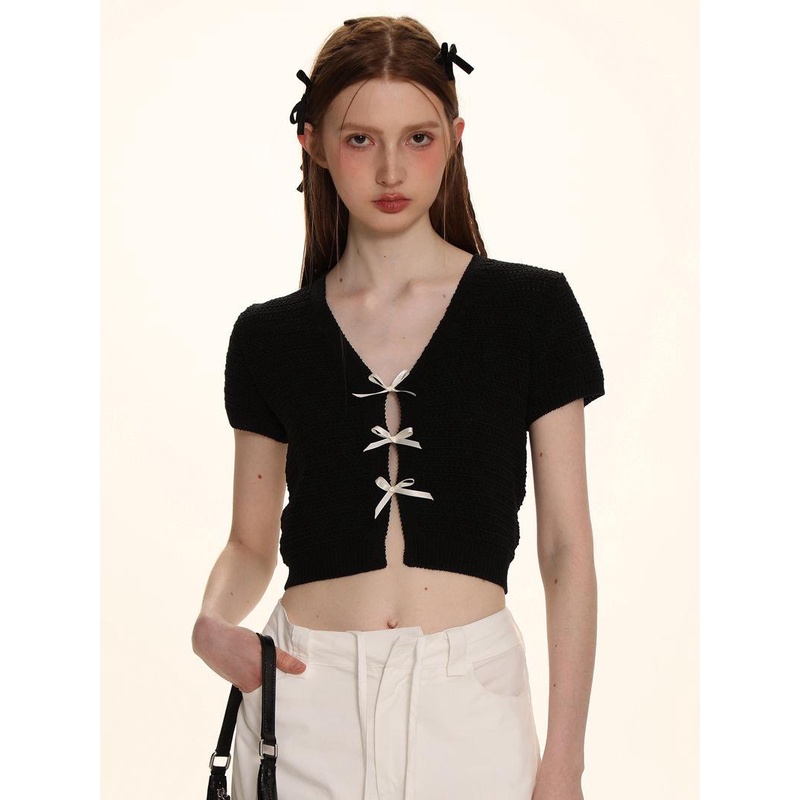 Áo Len Dệt Kim Ngắn Tay Cổ Chữ V Thắt Nơ Phong Cách bm Cho Nữ