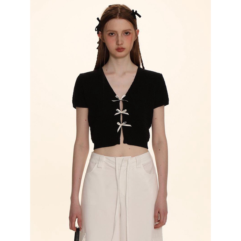 Áo Len Dệt Kim Ngắn Tay Cổ Chữ V Thắt Nơ Phong Cách bm Cho Nữ