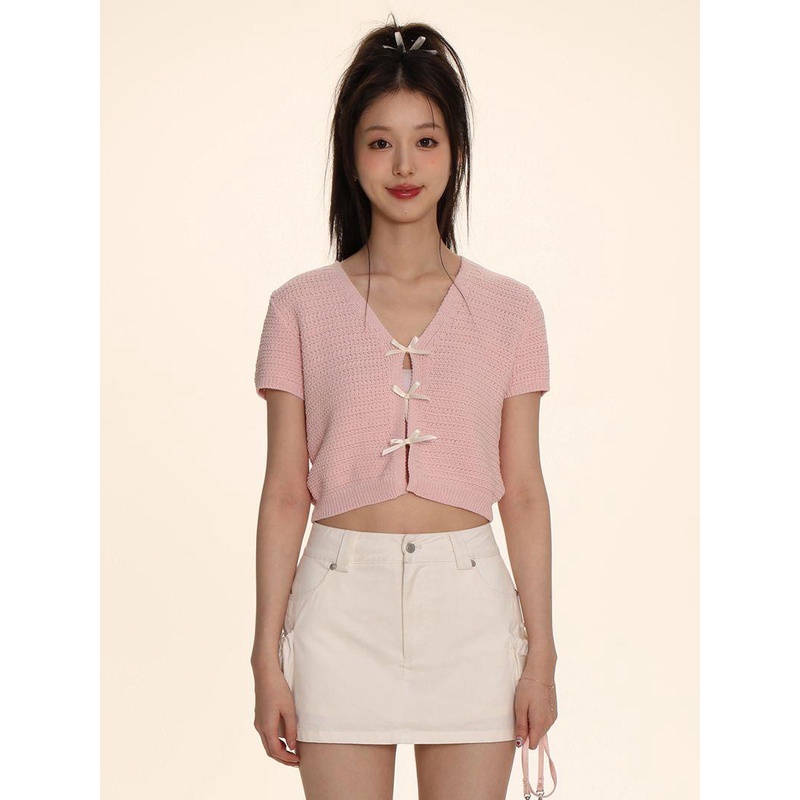 Áo Len Dệt Kim Ngắn Tay Cổ Chữ V Thắt Nơ Phong Cách bm Cho Nữ