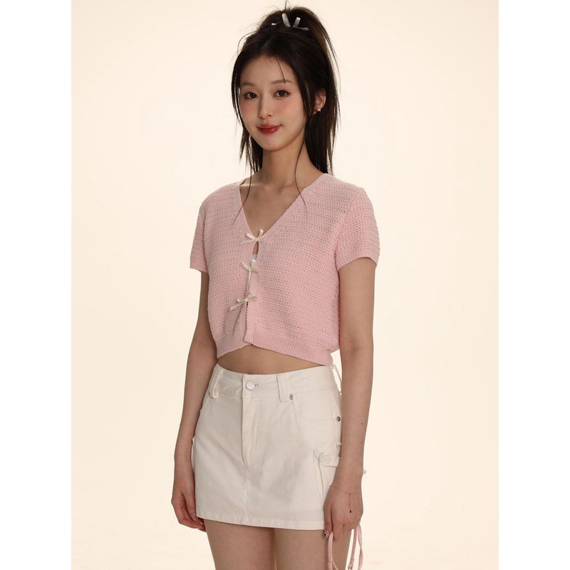 Áo Len Dệt Kim Ngắn Tay Cổ Chữ V Thắt Nơ Phong Cách bm Cho Nữ